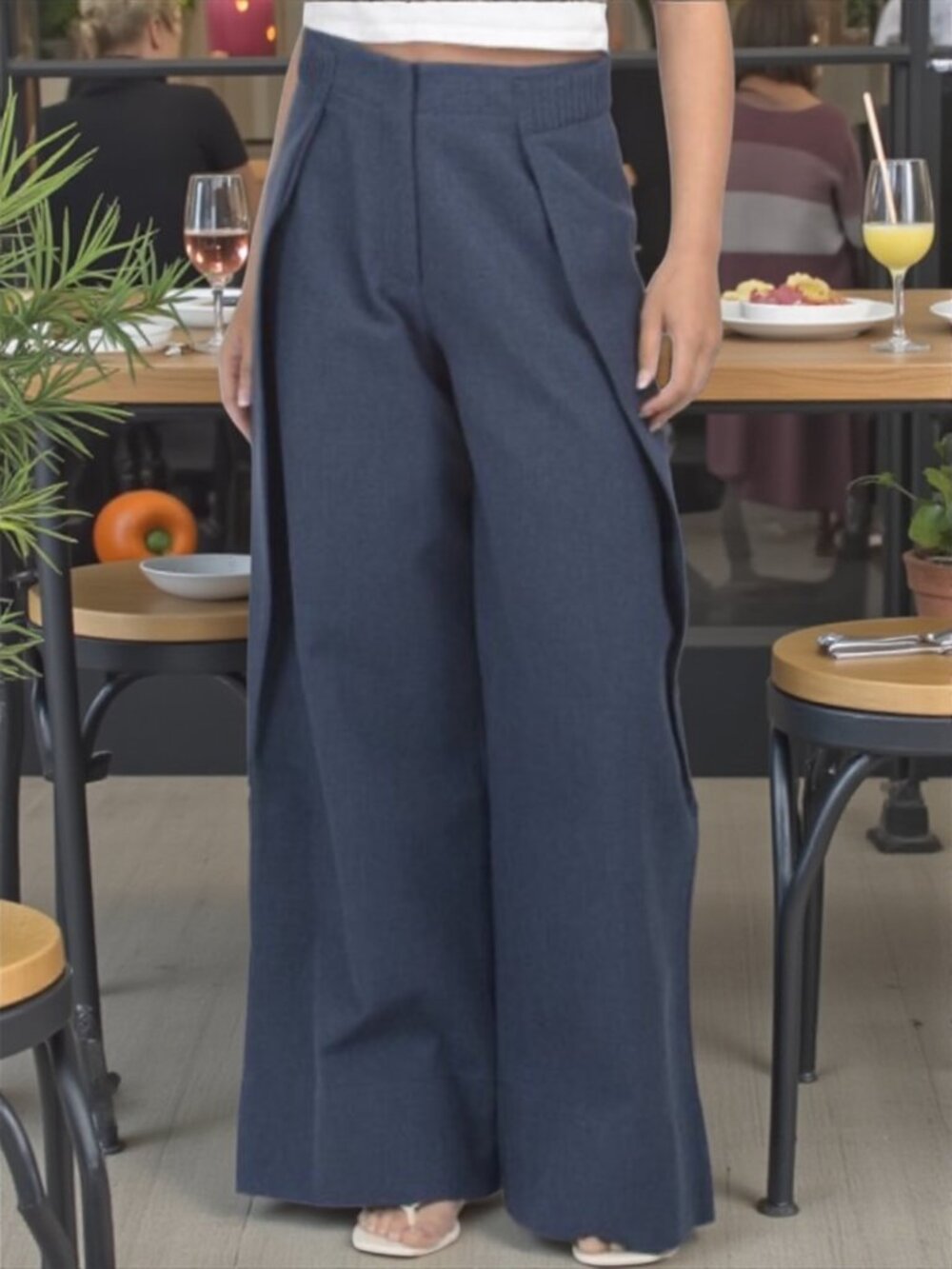 Torn By Ronny Kobo Amy Pant M Navy Blue Wide Leg Linen Blend High Rise